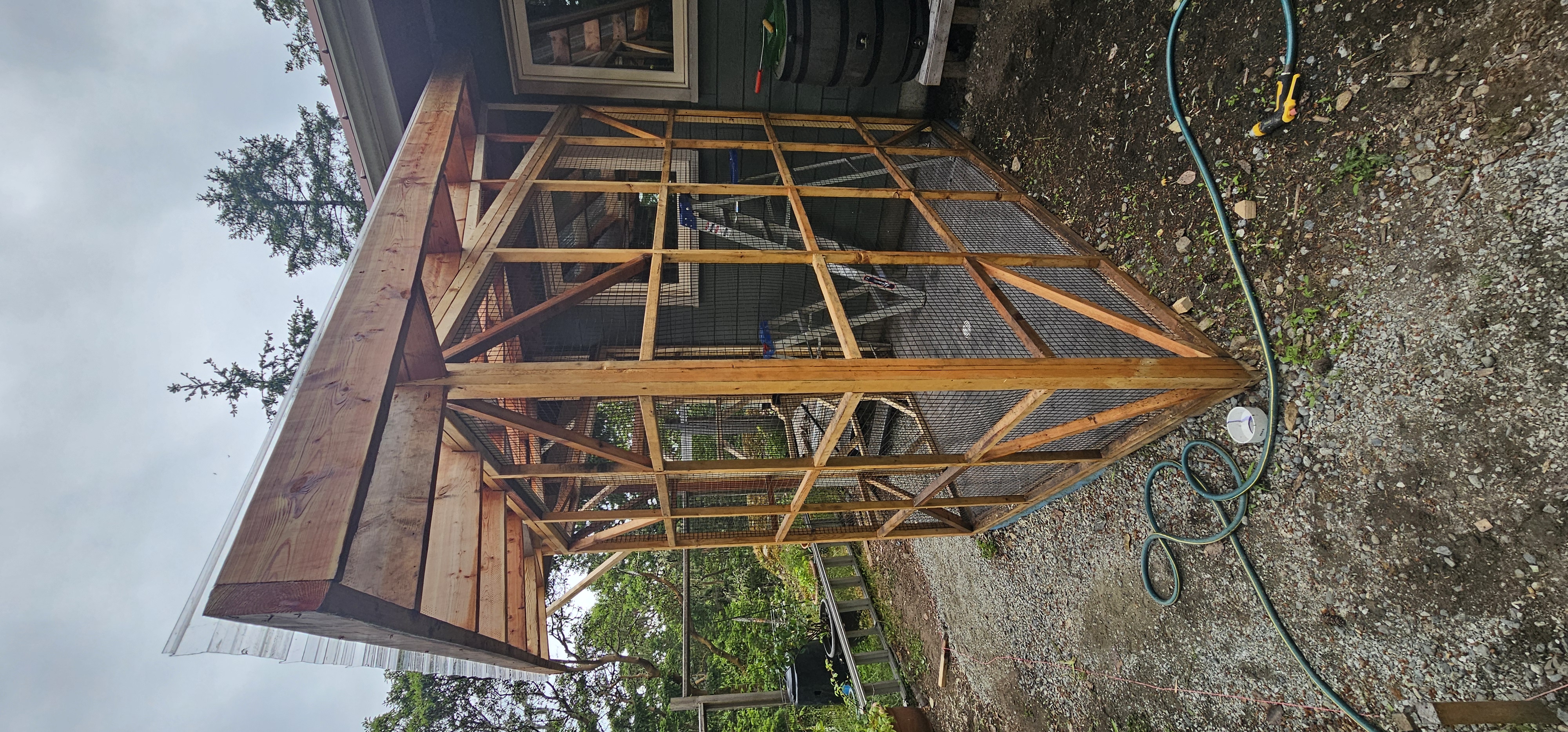 Karen Arnold project — completed cedar-framed screened catio enclosure, full corner view with polycarbonate roof